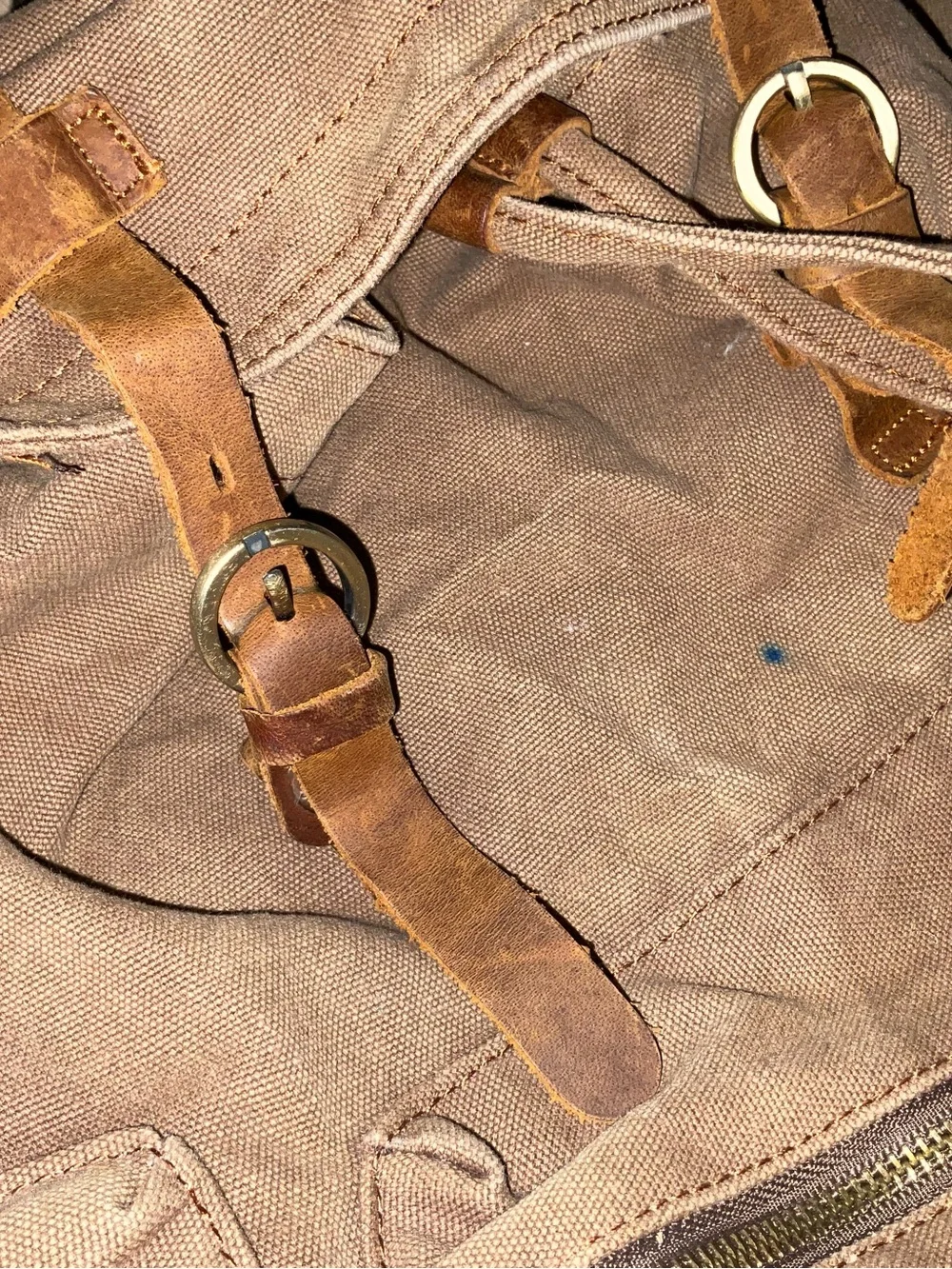 Brown Augur Strauss Canvas Drawstring Backpack with Leather Accents